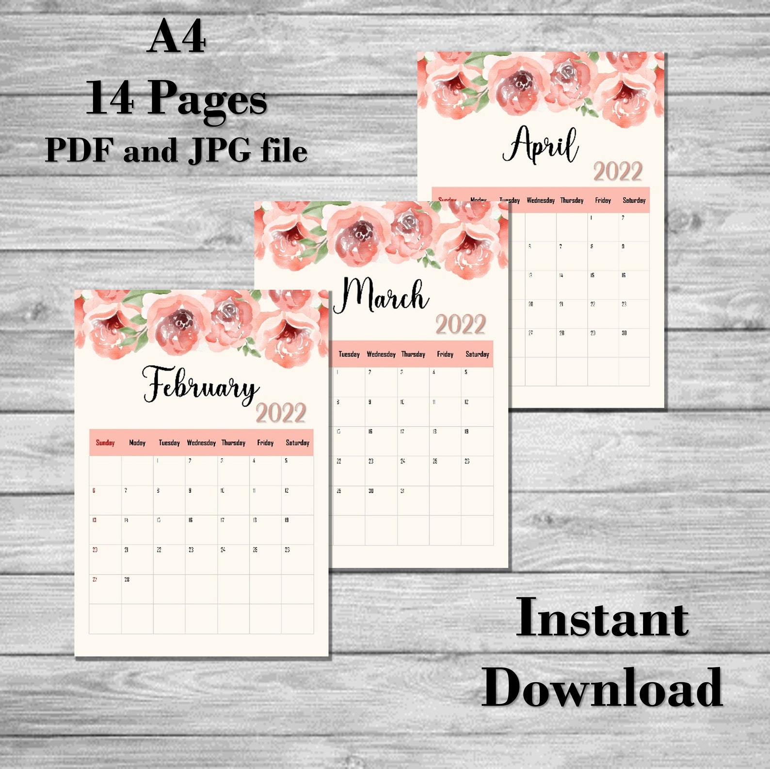 2022 calendar 2022 watercolor pink roses calendara4 size