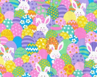 Glittery Easter Bunnies and Eggs Cotton Fabric