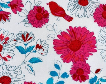 Birds and Daisies Calico Cotton Fabric: Pink, Red, Blue Line Drawings