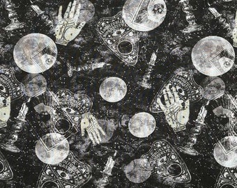 Halloween Magic Sorcery Witchcraft Symbols on Black Cotton Fabric