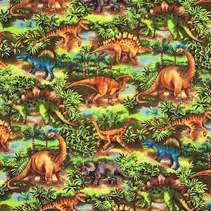 Dinosaurs in Green Jungle Print Novelty Cotton Fabric