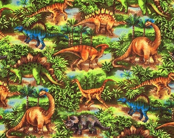 Dinosaurs in Green Jungle Print Novelty Cotton Fabric
