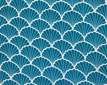 Turquoise Art Deco Shell Print Linen Fabric