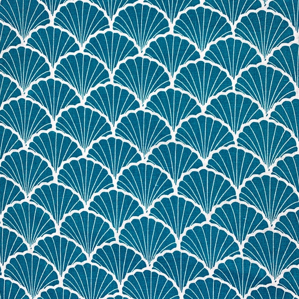 Turquoise Art Deco Shell Print Linen Fabric - 100% linen - Unwashed Light Grade Linen