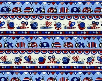 Patriotic Snails Dragonflies Beetles with Glitter Fourth of July Cotton Fabric