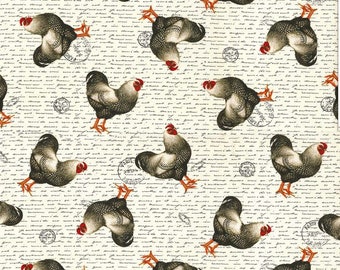 Shabby Chic Parisian Roosters with Script on Cream Novelty Cotton Fabric