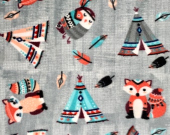 Gray Tossed Tribal Woodland Anti Pill Plush Fleece Fabric