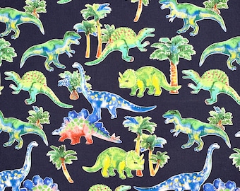Painted Colorful Dinosaurs on Navy Print Novelty Cotton Fabric