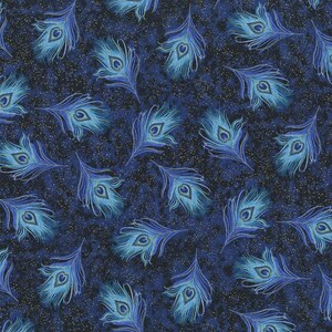 Blue Tossed Peacock Feathers Metallic Premium Quilt Cotton Fabric