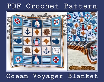 May include: A crochet pattern for an Ocean Voyager blanket. The blanket is made with a variety of nautical themed squares, including anchors, sailboats, whales, and life preservers. The blanket is a beautiful blue, white, and brown color.