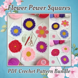 Puede incluir: Un paquete de patrones de crochet PDF con ocho cuadrados diferentes de flores de poder. Los cuadrados están hechos a crochet en varios colores, incluyendo rosa, morado, rojo y amarillo. La imagen también incluye hilo y ganchos de crochet.