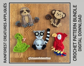 UK/US Terms - PDF Crochet Patterns - Rainforest Creatures Appliqués Bundle