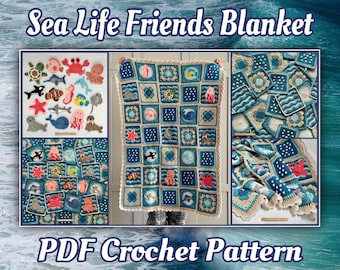 May include: A crochet pattern for a sea life themed blanket. The blanket is made up of squares with different sea creatures, including a starfish, a crab, a whale, a seahorse, and a jellyfish. The pattern is available as a PDF download.