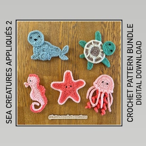 May include: A crochet pattern bundle featuring five sea creatures: a seal, a turtle, a starfish, a seahorse, and a jellyfish. The creatures are crocheted in shades of blue, green, pink, and orange. The pattern bundle is available for digital download. @kates.crochet.creations