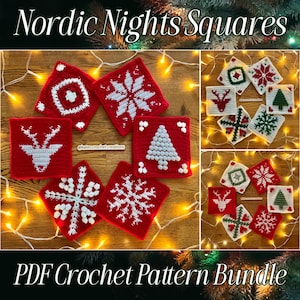 May include: A set of 9 crochet squares featuring winter and holiday themes. The squares are red and white with designs of snowflakes, reindeer, Christmas trees, and stars. The squares are arranged in a circle on a wooden surface with Christmas lights. The text "Nordic Nights Squares" and "PDF Crochet Pattern Bundle" is visible in the image.