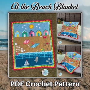 May include: A crochet blanket featuring a beach scene with colourful beach huts, a yellow sun, a sandcastle, a sailboat, and sea creatures. The blanket has a bright pink scalloped border and includes the text At the Beach Blanket PDF Crochet Pattern.