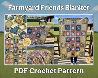 May include: A crochet blanket featuring a farm animal theme. The blanket is made up of squares with different farm animals in each square. The blanket is displayed on a fence with a green field in the background. The text "Farmyard Friends Blanket" and "PDF Crochet Pattern" are displayed on the image.