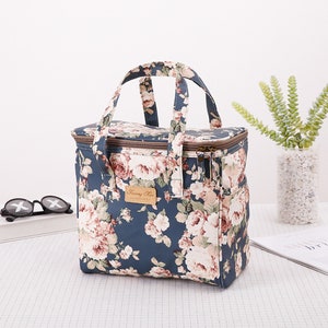 Sac à lunch isotherme pivoine, sac fourre-tout en toile portable fleurs, sac d'isolation thermique étanche pour pique-nique au bureau de l'école, cadeau pour femme enfant Navy