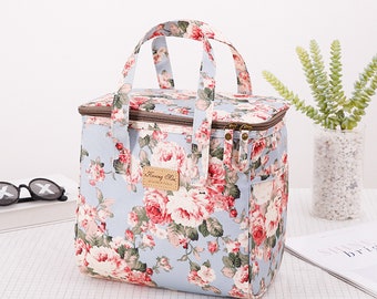 Peony Insulated Lunch Bag, Flowers portable canvas tote bag, Waterproof Thermal insulation bag for school office picnic, Gift for kids woman