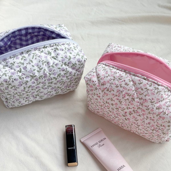 Trousse de maquillage matelassée fleurs roses/violettes, organiseur de cosmétiques, sac de rangement, pochette de voyage matelassée, cadeau de Noël, cadeau de demoiselle d'honneur, cadeau pour elle