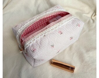 Quilted makeup bag with pink gingham lining, Handmade makeup bag, Cosmetic bag,Large storage bag, Gift for her