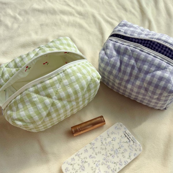 Green/purple gingham quilted makeup bag, Large storage bag, Quilted travel pouch, Bridesmaid gift, Wedding gift, Christmas gift,Gift for her