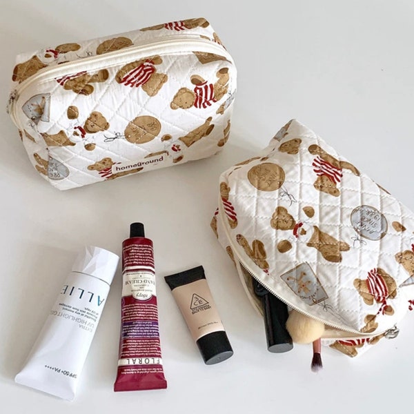 Jolie trousse de maquillage matelassée à motif ours, organisateur de cosmétiques vintage, grand sac de rangement, trousse de voyage de toilette en tissu matelassé, cadeau pour elle