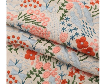 Tela bordada de lino de algodón, tela floral, tela bordada para proyectos artesanales por medio yarda una yarda, costura, artesanía