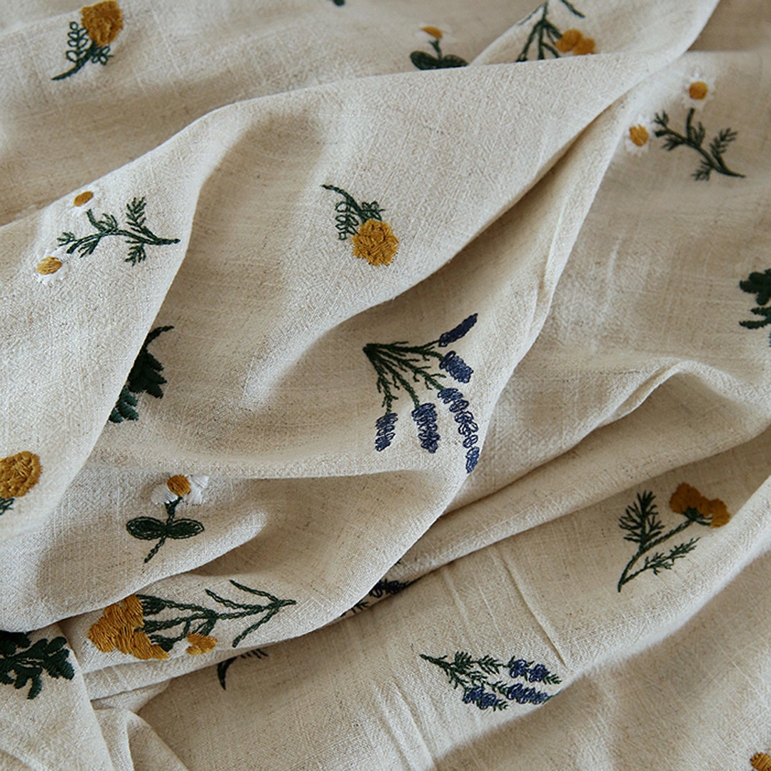 Botanical Linen Rayon Embroidered Fabricfloral Plants Embroidered