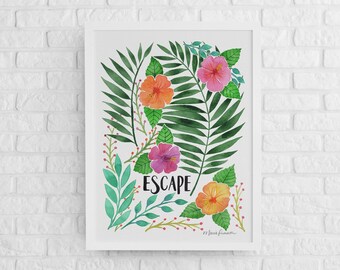 Escape Tropical Art Print Green Watercolor Painting with Palms and Hibiscus Flowers