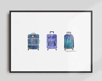 Suitcases Art Print - Blue watercolor painting of luggage styles - Travel - Wanderlust - Jetsetter