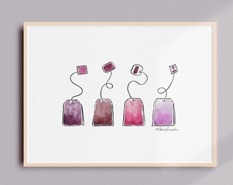 Pink Tea Bags Art Print - Watercolor illustration - Cute Kitchen Decor Gift for Tea Lovers