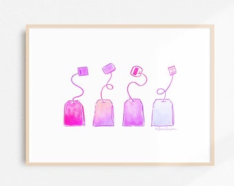 Tea Bags Art Print - Bright Pink Watercolor Illustration - Cute Kitchen Decor Gift for Tea Lovers
