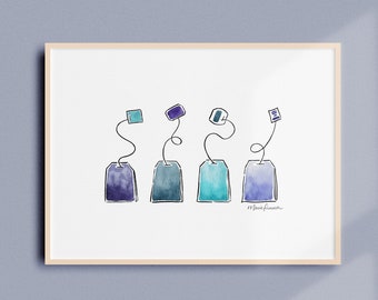 Blue Tea Bags Art Print - Watercolor illustration - Cute Kitchen Decor Gift for Tea Lovers