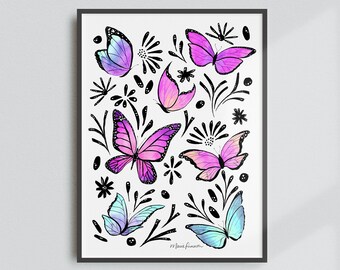Pink Butterflies Art Print - Colorful Watercolor and Ink Painting