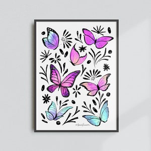 Pink Butterflies Art Print - Colorful Watercolor and Ink Painting