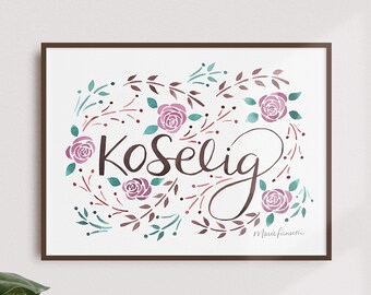 Koselig Art Print - Norwegian Watercolor Rosy Floral Design - Hygge - Cozy - Winter