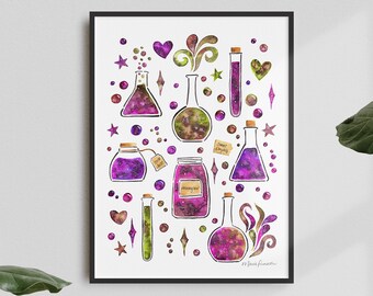 Galaxy Potion Bottles Art Print - Witchy Halloween Wall Decor - Pink Watercolor Painting