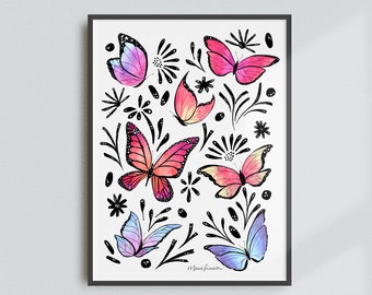 Butterflies Art Print - Colorful Watercolor and Ink Painting