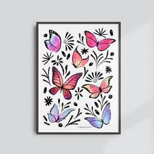 Butterflies Art Print - Colorful Watercolor and Ink Painting