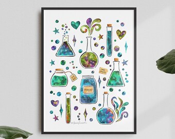 Galaxy Potion Bottles Art Print - Witchy Halloween Wall Decor - Blue Green Watercolor Painting
