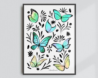 Blue Butterflies Art Print - Colorful Watercolor and Ink Painting