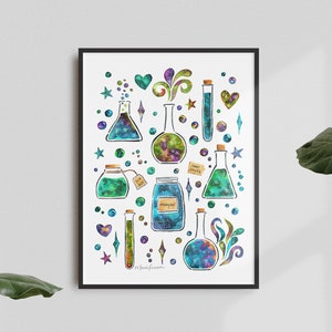 May include: A watercolor illustration of various glass bottles and jars filled with colorful liquids. The bottles are decorated with stars, hearts, and swirls. The image is set against a white background.