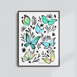 Blue Butterflies Art Print - Colorful Watercolor and Ink Painting