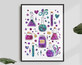 Galaxy Potion Bottles Art Print - Witchy Halloween Wall Decor - Jewel Tones Purple Watercolor Painting