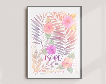 Escape Tropical Art Print Faded Pastel Watercolor Painting with Palms and Hibiscus Flowers