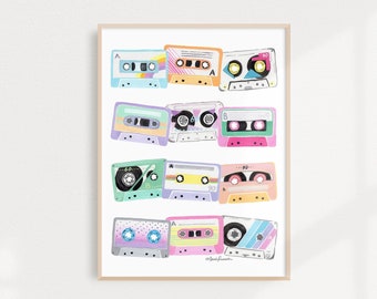 Cassette Tapes Art Print from Gouache Painting - Pastel Color Palette - Retro 80s 90s Music - Gen X Millennial Kids Nostalgia