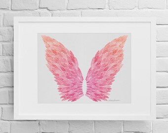 Angel Wings Art Print Pink Watercolor Gradient Girls Room Bedroom Nursery Decor