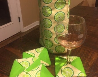 Summer Lime wine bottle holder and wine glass sleeves..... set of four