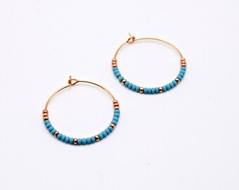 Teal Gold Hoop Earrings | Turqoise Earrings | Gold and Turqoise Earrings | Bead Earrings | Simple Earrings | Gold Earrings | Geometric